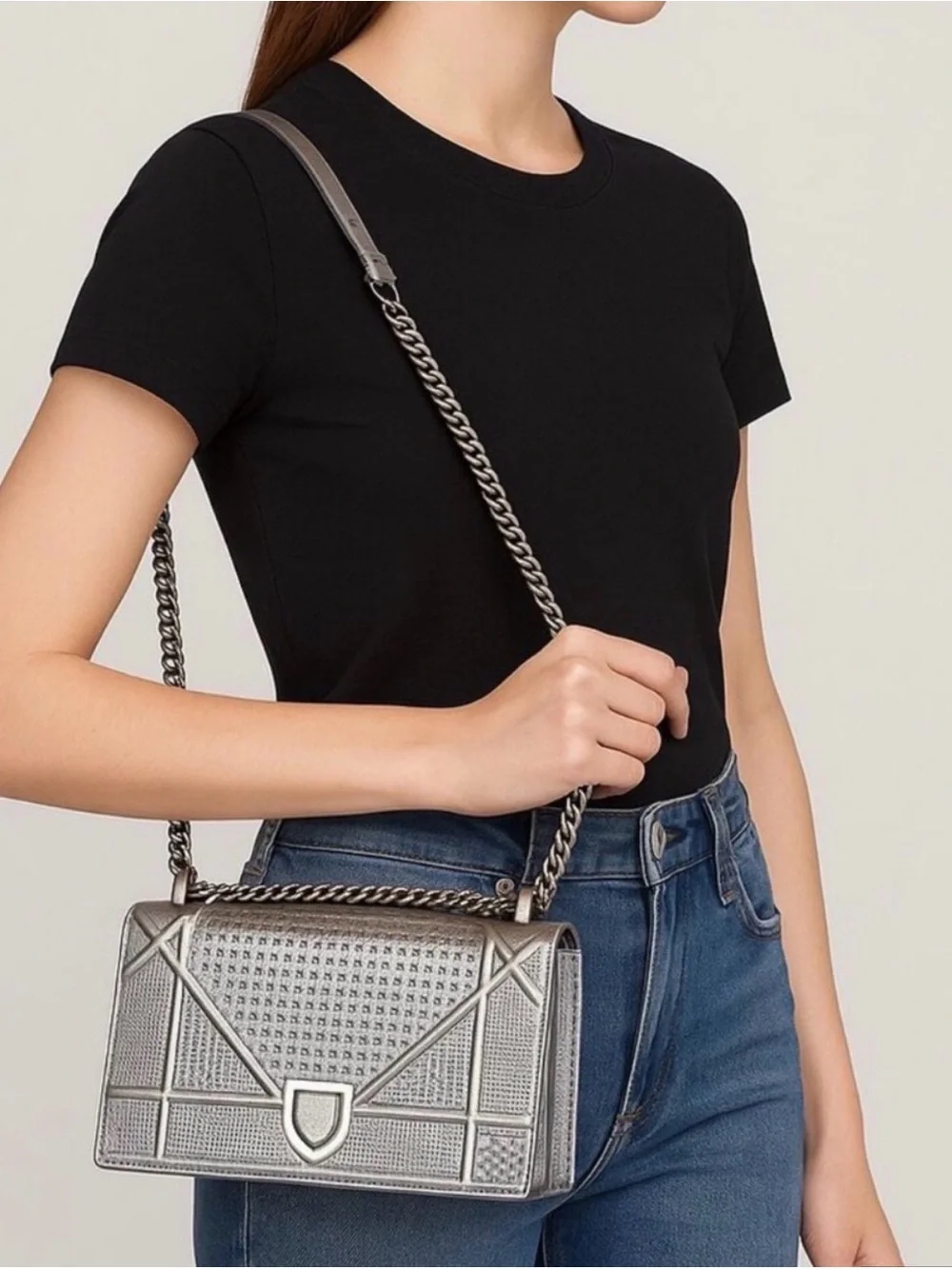 Diorama Authentic Dior Metallic Medium Silver Bag with Chain Strap